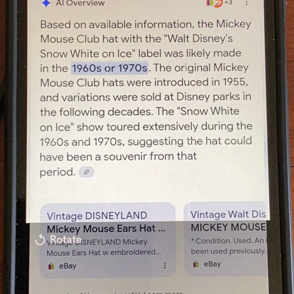 🏰 Vintage MICKEY MOUSE CLUB Ears SNOW WHITE ON ICE